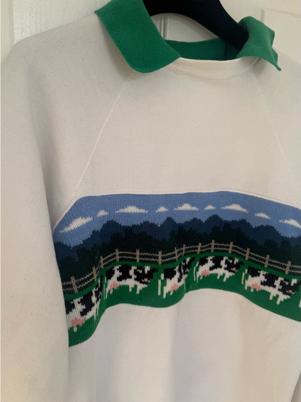 VINTAGE White Crewneck Sweater with Green Collar and Pastoral Knit Panel - Picture 5 of 8